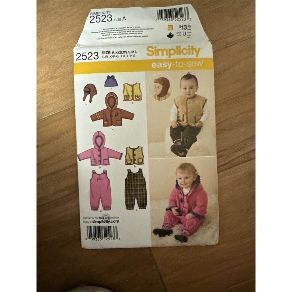 Simplicity Pattern 2523 Baby Toddler Hoodie Vest Overalls Hat XXS XS S M L Uncut
